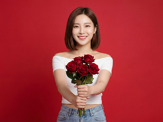 JPG 편집이미지 여자 기념일 꽃 감정 꽃다발 포즈 짧은머리 사랑 미소 웃음 장미 양손 축하 빨간배경 성년의날 의료성형뷰티 편집실사 AI인물포토 AI콘텐츠 식물 헤어스타일 손 백그라운드 컨셉 표정 사람 이벤트 빨간색 CG 파일형식 AI포토