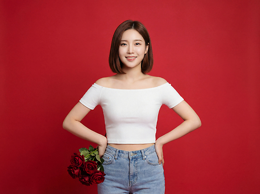 JPG 편집이미지 손 옷 여자 꽃다발 포즈 백그라운드 미소 웃음 장식 빨간색 장미 촬영 청바지 허리 블라우스 성년의날 의료성형뷰티 편집실사 AI인물포토 AI콘텐츠 기념일 꽃 컬러 상의 바지 표정 사람 신체부위 CG 파일형식 AI포토
