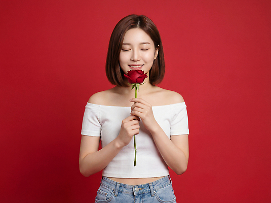 JPG 편집이미지 여자 꽃 행복 감정 얼굴 포즈 사랑 웃음 장미 머리 청바지 표현 뷰티풀 빨간배경 성년의날 의료성형뷰티 편집실사 AI인물포토 AI콘텐츠 식물 기념일 백그라운드 바지 표정 사람 신체부위 빨간색 CG 파일형식 AI포토