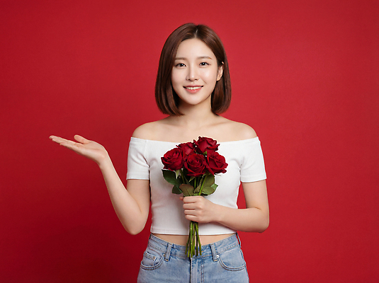 JPG 편집이미지 여자 패션 기념일 꽃다발 포즈 스튜디오 사랑 미소 사람 손짓 장미 사진촬영 축하 빨간배경 성년의날 의료성형뷰티 스타일 편집실사 AI인물포토 AI콘텐츠 꽃 감정 백그라운드 컨셉 모션 표정 이벤트 빨간색 촬영 CG 파일형식 AI포토