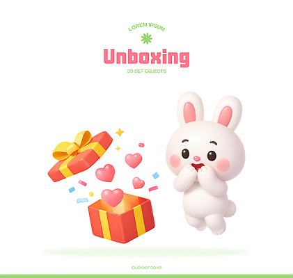 PSD 편집이미지 캐릭터 디자인 선물 사랑 상자 귀여움 놀람 기쁨 하트 축하 토끼 오픈 뽑기 랜덤박스 언박싱 편집3D 모양 감정 컨셉 포유류 표정 반려동물 3D 파일형식