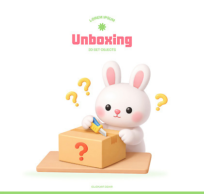 PSD 편집이미지 캐릭터 손 모션 상자 장난감 3D 귀여움 물음표 아기 토끼 오픈 호기심 꺼내기 뽑기 랜덤박스 언박싱 편집3D 기호 감정 컨셉 포유류 선물 사람 신체부위 반려동물 디지털합성 파일형식