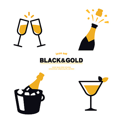 아이콘 디자인 음료 탁자 잔 파티 얼음 검은색 금색 축하 칵테일 샴페인 2D아이콘 AI파일 자연요소 식기 컬러 가구 컨셉 주류 이벤트 파일형식 벡터