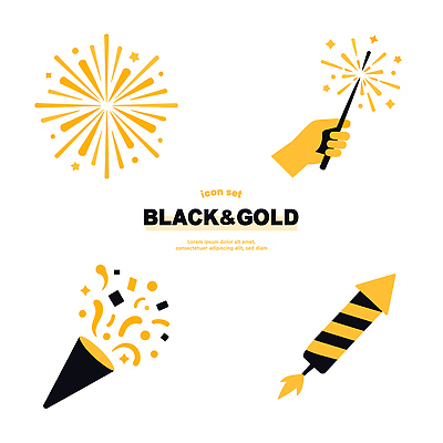 아이콘 손 디자인 기념일 폭죽 불꽃놀이 이벤트 장식 세트 파티 검은색 축제 금색 화려 2D아이콘 AI파일 컬러 컨셉 놀이 신체부위 파일형식 벡터