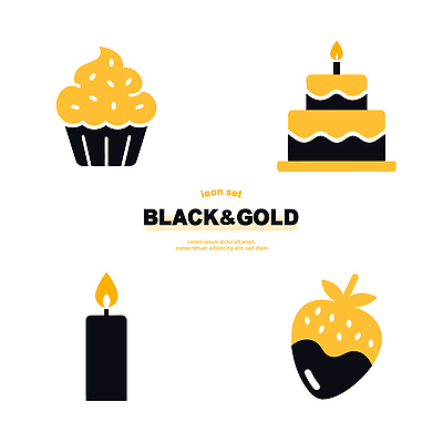 아이콘 디자인 음식 초 딸기 디저트 파티 케이크 초콜릿 검은색 금색 축하 생일 달콤 컵케이크 2D아이콘 AI파일 기념일 컬러 컨셉 과일 이벤트 맛 파일형식 벡터