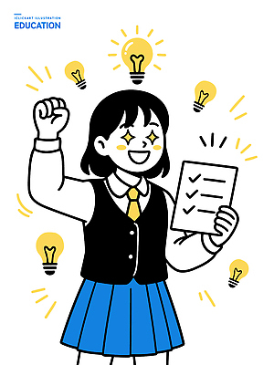 학생 교육 교복 일러스트 전구 학교 모션 성공 아이디어 실험 학습 희망 기쁨 발표 메시지 목표 진행 실천 창의성 체크리스트 국내일러스트 AI파일 옷 감정 컨셉 파일형식 벡터