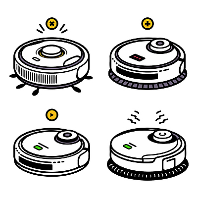 컨셉 3 전자제품 청소도구 로봇 파일형식 벡터 청소로봇 충전 청소 오류 버튼 작동 가전제품 스마트 가사 기술 세척 편리함 일러스트 국내일러스트 AI파일 청소기