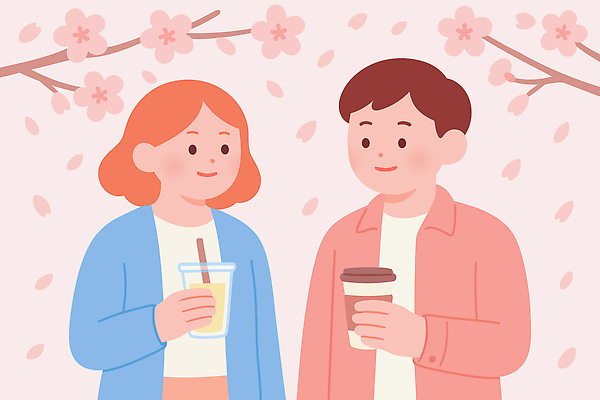 식물 계절 공공시설 꽃 감정 컨셉 관계 표정 말하기 소풍 상점 봄 생태계 파일형식 벡터 벚꽃 음료 대화 사람 카페 거리 공원 자연 만남 즐거움 날씨 친구 이야기 웃음 나무 국내일러스트 일러스트 AI파일 데이트 커플 봄소풍