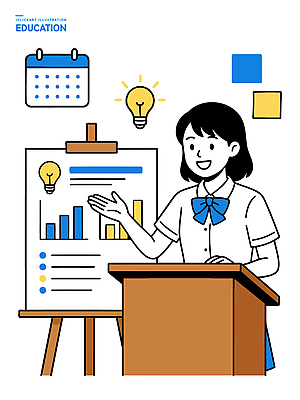 옷 교육 컨셉 학교 모션 전자제품 사무용품 파일형식 벡터 학생 발표 교실 그래프 서류판 자료 소통 스승 교양 설명 연습 시간 학습 도구 준비 컴퓨터 아이디어 조명 일러스트 국내일러스트 AI파일 교복