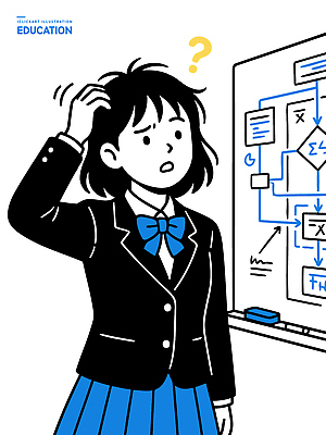 학생 손 여자 교육 교복 일러스트 교실 모션 청소년 수업 그래프 설명 학습 머리 검은색 자료 칠판 고민 문제 의문 국내일러스트 AI파일 옷 감정 컬러 컨셉 학교 사람 신체부위 파일형식 벡터
