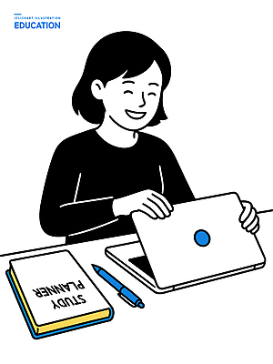 교육 가구 컨셉 표정 전자제품 필기구 파일형식 벡터 학생 학습 노트북 책상 펜 집중 준비 모션 웃음 아이디어 계획 시간관리 목표 자료 독서 교양 문서 일러스트 국내일러스트 AI파일