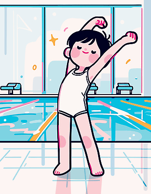 자연요소 옷 계절 감정 스포츠용품 건강 사람 내부 운동 수영 수상스포츠 파일형식 벡터 어린이 수영장 스트레칭 실내 물 준비 여름 놀이 즐거움 액티비티 청소년 수영복 태양 수영용품 일러스트 국내일러스트 AI파일