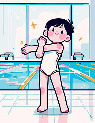 자연요소 옷 계절 교육 감정 학교 놀이 건강 사람 신체부위 운동 수상스포츠 파일형식 벡터 어린이 수영장 스트레칭 팔 수영복 모션 여름 물 즐거움 운동복 수영 준비 물놀이 교실 수업 일러스트 국내일러스트 AI파일