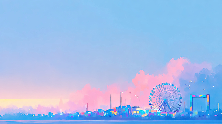 자연요소 계절 바다 다수 사람 노을 테마파크 놀이기구 야간 그림 생태계 파일형식 AI콘텐츠 해변 일몰 여러명 대관람차 하늘 도시 태양 수평선 풍경 여름 모션 취미 저녁 여행 놀이공원 자연 풍경화 일러스트 국내일러스트 JPG 구름 축제 AI일러스트