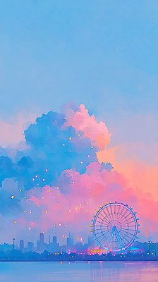 자연요소 계절 다수 놀이 사람 파란색 노을 공간 놀이기구 야간 생태계 파일형식 AI콘텐츠 대관람차 저녁 하늘 빛 풍경 컬러 도시 거리 자연 일몰 여름 테마파크 하늘색 예술 그림 구경 여러명 여행 일러스트 국내일러스트 JPG 구름 축제 AI일러스트