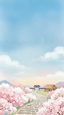 나무 식물 계절 꽃 아시아 밭 한옥 주택 건물 마을 생태계 파일형식 AI콘텐츠 벚꽃 전통집 봄 하늘 산 풍경 길 자연 한국 조경 대나무 차밭 일러스트 국내일러스트 JPG 한옥마을 AI일러스트