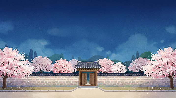 식물 계절 공공시설 꽃 아시아 고건축 한옥 마을 생태계 파일형식 AI콘텐츠 궁전 벚꽃 봄 출입구 나무 하늘 풍경 만개 조용 한국 전통 건축 벽 공원 길 뷰티풀 자연 일러스트 국내일러스트 JPG 한옥마을 AI일러스트