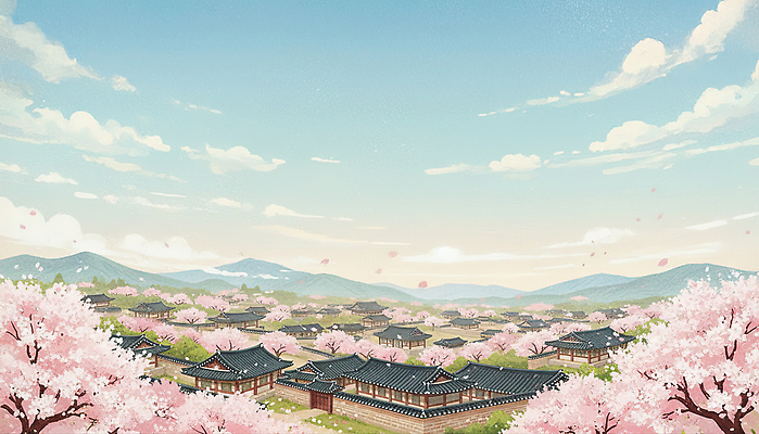 식물 한국전통 계절 꽃 고건축 날씨 한옥 마을 역사 생태계 파일형식 AI콘텐츠 전통 벚꽃 봄 풍경 조선시대 복원 자연 하늘 맑음 산 나무 거리 문화 여행 만개 일러스트 국내일러스트 JPG 한옥마을 AI일러스트
