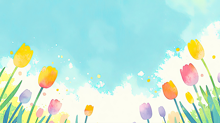 JPG 식물 꽃 행복 예술 컬러 백그라운드 꽃밭 일러스트 자연 하늘 수채화 풍경 잔디 봄 튤립 조화 밝은색 뷰티풀 국내일러스트 계절 감정 생태계 파일형식