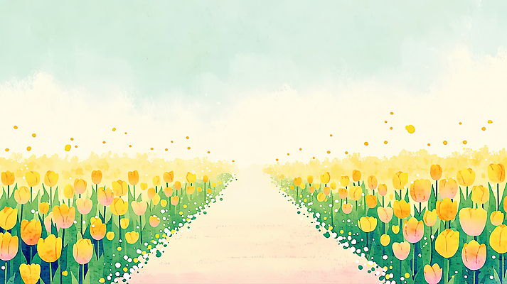 식물 계절 꽃 감정 길 컬러 그림 생태계 파일형식 AI콘텐츠 꽃밭 노란색 하늘 풍경 봄 자연 여유 풍경화 꽃길 밝은색 초원 장식 수채화 일러스트 국내일러스트 JPG 튤립 AI일러스트