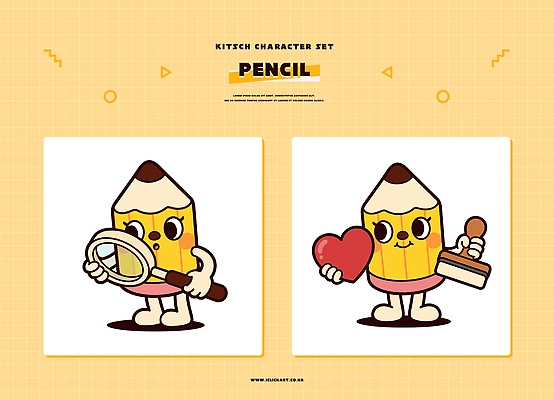 모양 캐릭터 컬러 컨셉 관계 모션 학용품 필기구 파일형식 벡터 연필 확대경 하트 귀여움 세트 디자인 키치 노란색 친구 들기 표현 그래픽 심볼 특징 그림 일러스트 일러캐릭터 AI파일
