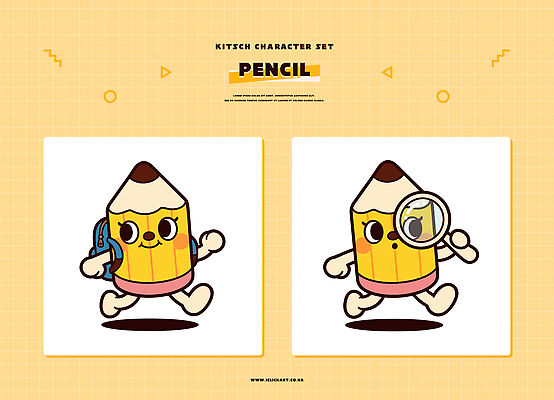 캐릭터 잡화 컬러 모션 학용품 사람 필기구 파일형식 벡터 연필 가방 확대경 걷기 노란색 디자인 그림 어린이 교육 창의력 장난감 이미지 오브젝트 일러스트 일러캐릭터 AI파일