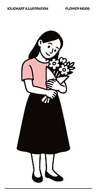 디자인 옷 여자 꽃 행복 감정 분홍색 꽃다발 포즈 일러스트 서기 미소 여름 보라색 검은색 그림 스타일 국내일러스트 AI파일 식물 계절 컬러 모션 표정 사람 파일형식 벡터