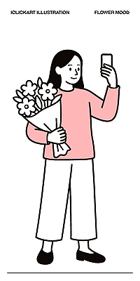 손 여자 꽃 행복 컬러 꽃다발 포즈 일러스트 모션 웃음 사람 취미 스마트폰 머리 표현 셀프카메라 소셜미디어 순간 국내일러스트 AI파일 식물 감정 표정 신체부위 핸드폰 스마트기기 사진촬영 파일형식 벡터