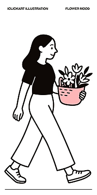캐릭터 여자 꽃 화초 일러스트 모션 자연 밝음 미소 일상 생활 바구니 걷기 산책 도시 도심 꽃꽂이 즐거움 그림 국내일러스트 AI파일 식물 감정 휴식 표정 사람 라이프 생태계 원예 파일형식 벡터
