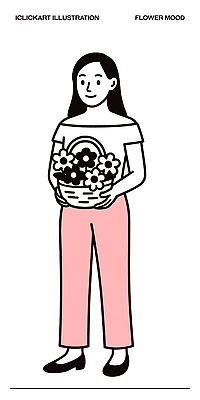 디자인 여자 꽃 행복 감정 컬러 백그라운드 일러스트 모션 생명 서기 일상 표현 만화 꽃바구니 심플 뷰티풀 스타일 국내일러스트 AI파일 식물 사람 라이프 바구니 파일형식 벡터