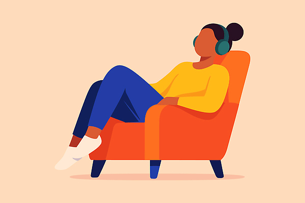 감정 컬러 음향기기 의자 모션 문화예술 건물 라이프 감각 파일형식 벡터 소파 헤드폰 음악 듣기 사람 편안함 노란색 파란색 시간 주택 방 일상 오후 혼자 앉기 즐거움 포즈 일러스트 국내일러스트 AI파일 자취