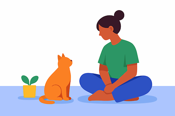 도형 동물 감정 컬러 컨셉 포유류 모션 말하기 내부 반려동물 파일형식 벡터 고양이 사람 앉기 식물 실내 초록색 옷 대화 시선 직사각형 털 귀여움 종 생활 시간 여유 일러스트 국내일러스트 AI파일 자취