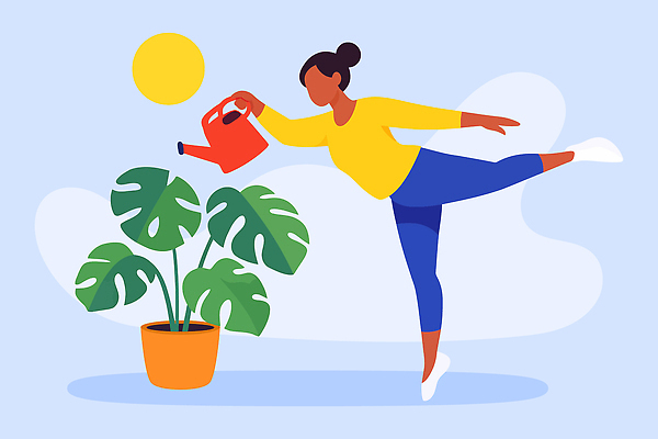 자연요소 식물 감정 가구 모션 건강 사람 내부 라이프 신체부위 생태계 파일형식 벡터 여자 물주기 화분 태양 실내 가꾸기 일상 균형 손 물뿌리개 잎 즐거움 의자 자연 여유 운동 공간 일러스트 국내일러스트 AI파일 자취