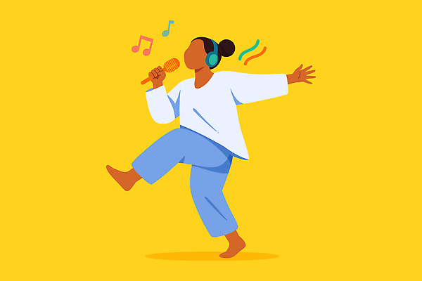 감정 음악 컬러 음향기기 문화예술 이벤트 파일형식 벡터 노래 마이크 헤드폰 춤 백그라운드 노란색 사람 그림 즐거움 소리 그래픽 창작 표현 모션 공연 예술 일러스트 국내일러스트 AI파일 자취
