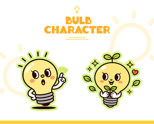 식물 캐릭터 디자인 행복 상징 컬러 포즈 일러스트 전구 손가락 이야기 설명 웃음 성장 표현 장면 창의력 일러캐릭터 AI파일 손 감정 모션 표정 파일형식 벡터