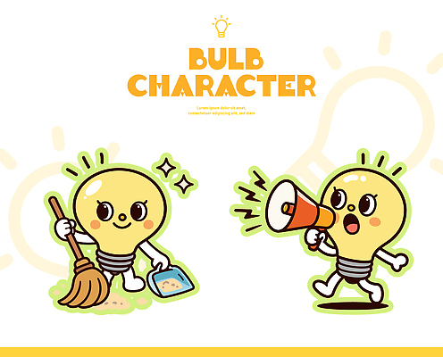 캐릭터 디자인 상징 포즈 백그라운드 일러스트 전구 모션 사람 빛 귀여움 확성기 소리 표현 빗자루 청소 즐거움 이미지 장면 창의력 일러캐릭터 AI파일 감정 컨셉 청소도구 파일형식 벡터