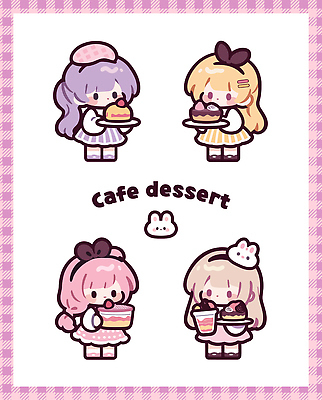 캐릭터 음료 음식 컬러 포즈 일러스트 디저트 쟁반 여러명 과자 귀여움 케이크 카페 즐거움 만들기 아기자기 일러캐릭터 AI파일 감정 다수 컨셉 모션 사람 상점 파일형식 벡터