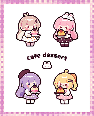 캐릭터 옷 여자 음식 분홍색 컬러 일러스트 디저트 사탕 친구 귀여움 카페 그룹 달콤 맛 컵케이크 즐거움 젤리 스타일 일러캐릭터 AI파일 감정 컨셉 관계 사람 케이크 상점 파일형식 벡터