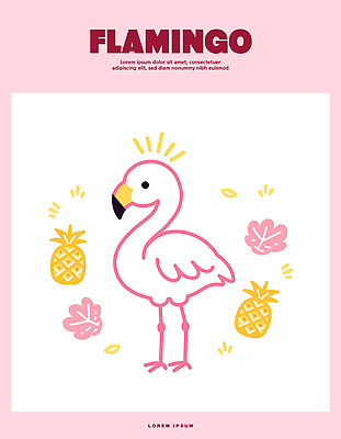 동물 캐릭터 디자인 예술 분홍색 컬러 백그라운드 잎 일러스트 장식 노란색 귀여움 플라밍고 파인애플 그림 장면 창의성 스타일 국내일러스트 AI파일 식물 컨셉 과일 조류 열대과일 파일형식 벡터