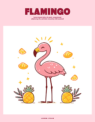 동물 캐릭터 디자인 분홍색 컬러 백그라운드 과일 일러스트 열대 여름 노란색 귀여움 플라밍고 파인애플 즐거움 그림 동물그림 국내일러스트 AI파일 계절 감정 컨셉 조류 열대과일 파일형식 벡터