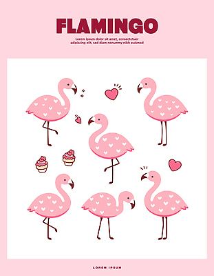 동물 캐릭터 디자인 분홍색 컬러 패턴 일러스트 모션 사랑 장식 여름 하트 컵케이크 플라밍고 그림 스타일 국내일러스트 AI파일 모양 계절 감정 무늬 조류 케이크 파일형식 벡터