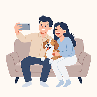부부 행복 반려견 포즈 일러스트 가족 주택 표정 사랑 웃음 일상 친구 반려동물 소파 기쁨 강아지 셀프카메라 쉬는시간 순간 국내일러스트 AI파일 동물 커플 감정 의자 관계 휴식 건물 라이프 사진촬영 개 파일형식 벡터