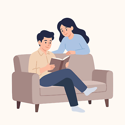 커플 여자 남자 여유 일러스트 가족 모션 휴식 실내 이야기 대화 책 학습 소파 정보 읽기 즐거움 관심 오후 국내일러스트 AI파일 교육 감정 컨셉 의자 관계 말하기 사람 내부 파일형식 벡터
