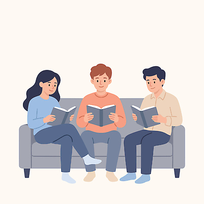 감정 일러스트 가족 모션 실내 이야기 사람 취미 책 세명 친구 소파 독서 공간 만남 시간 그룹 편안함 집중 읽기 국내일러스트 AI파일 컨셉 의자 관계 내부 감각 파일형식 벡터