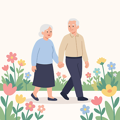 커플 노년 꽃 행복 길 컬러 꽃밭 일러스트 가족 자연 사랑 미소 풍경 일상 소풍 걷기 손잡기 노부부 봄 산책 장면 조화 국내일러스트 AI파일 식물 부부 계절 감정 관계 모션 휴식 표정 성인 라이프 야외활동 생태계 파일형식 벡터