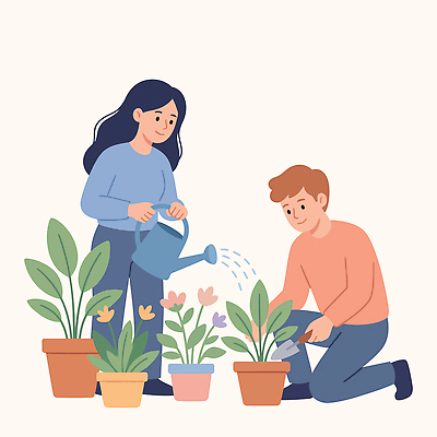 식물 사계절 여자 남자 꽃 화분 일러스트 가족 모션 자연 실내 사랑 야외 정원 물뿌리개 성장 물주기 원예 관심 초보 국내일러스트 AI파일 계절 감정 관계 사람 취미 내부 생태계 파일형식 벡터