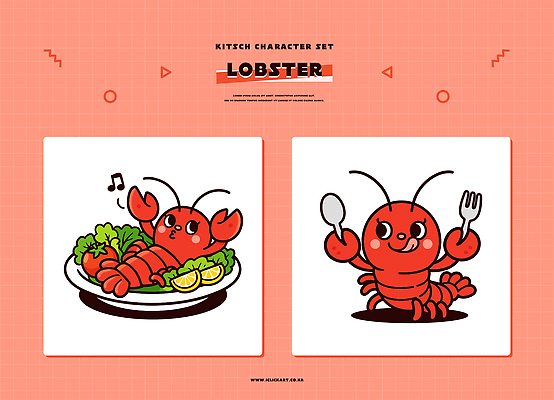 캐릭터 디자인 음식 컬러 백그라운드 포크 일러스트 요리 그래픽 빨간색 귀여움 샐러드 표현 그리기 바닷가재 레몬 해산물 즐거움 그림 일러캐릭터 AI파일 식기 감정 컨셉 과일 모션 가재 파일형식 벡터