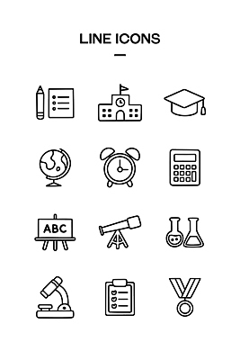 아이콘 교육 종이 선 시계 과학 학교 실험 연필 지구본 망원경 계산기 치기 스타일 2D아이콘 AI파일 모션 문구용품 학용품 필기구 장비 파일형식 벡터