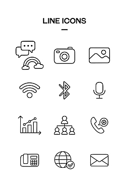 아이콘 선 그래프 자료 정보 이메일 마이크 이미지 통화 블루투스 온라인 공유 소통 채팅 2D아이콘 AI파일 음향기기 컨셉 모션 파일형식 벡터