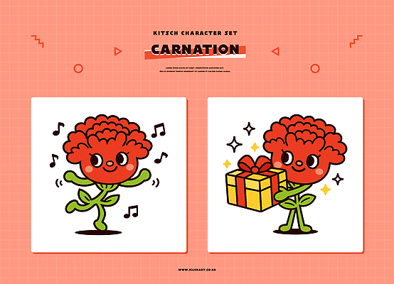 캐릭터 디자인 꽃 감정 음악 컬러 일러스트 모션 선물 웃음 빨간색 축하 춤 어버이날 카네이션 그림 장면 일러캐릭터 AI파일 식물 기념일 컨셉 문화예술 표정 파일형식 벡터